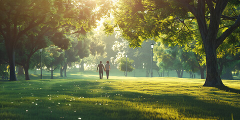 person walking in the park, A couple enjoying a peaceful morning walk in the park, holding hands and appreciating the beauty of nature around them. 