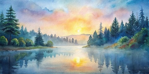 Sunrise over a tranquil forest lake, watercolor painting style