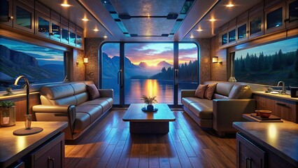 Luxurious RV interior with a beautiful lake view glowing in natural light