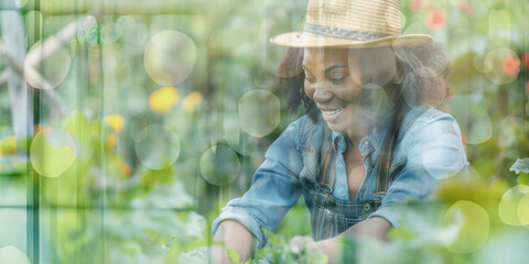 frican American gardener nurturing a beautiful garden, wearing a plaid shirt and overalls, smiling and working with plants in a lush green environment - Powered by Adobe