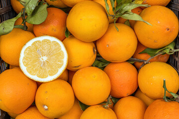 A pile of oranges for sale at a market