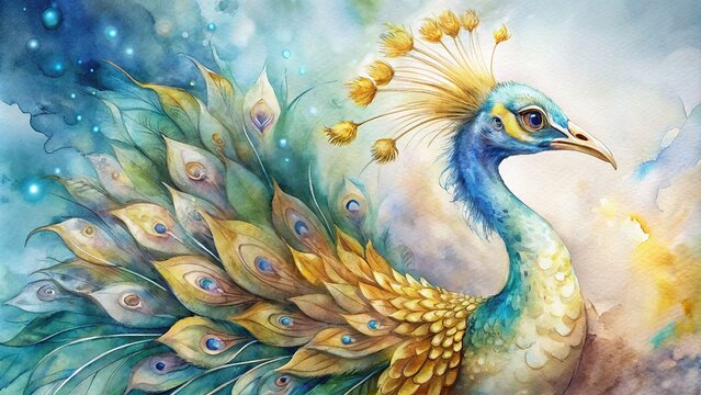 Detailed watercolor artwork of a gold peacock with intricate textures and generative assistance