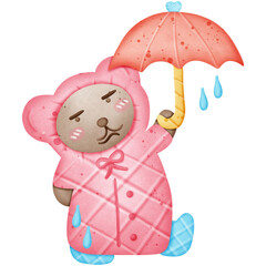 A cute brown bear wears a pink raincoat and blue boots and holds an umbrella in the rainy season isolated on transparent background