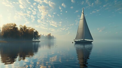 Generate an image of a sailboat gliding across a tranquil lake, with the sails billowing in the gentle summer wind