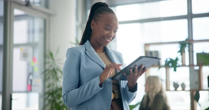 Woman, business and tablet or typing in office, networking and company website or review email for social media. Communication, contact and online search with employee, workplace and browse or scroll