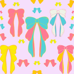 Seamless pattern with beautiful hand drawn bows, ribbons. Cute fun simple abstract vector background, texture for fabric, wrapping paper, ethnic, textile