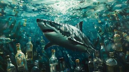 Fototapeta premium Majestic Sharks Amid a Sea of Bottles Capturing Nature s Strength and Humanity s Impact
