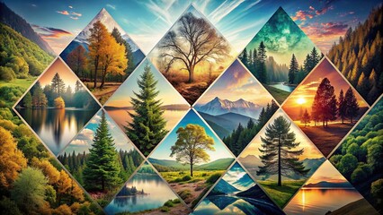 Collage artwork of nature images with trees and geometric shapes, a realistic and artistic composition