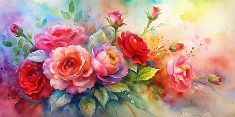 Watercolor floral bouquet with red roses on background