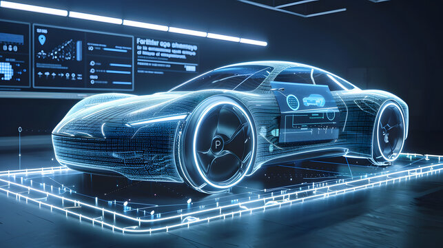 Diagnostic Auto in HUD style. Scan Automobile in 3D visualisation hologram. 3D illustration - Powered by Adobe