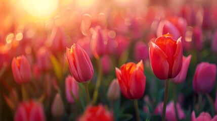 Obraz premium Amazing white, red, pink tulip flowers blooming in a tulip field, against the background of blurry tulip flowers in the sunset light. Fresh bright yellow spring tulips, Bouquet of spring tulips