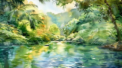A peaceful river s through a valley of lush greenery with each artist adding their own unique interpretation to the tranquil scene through their watercolor brushstrokes.