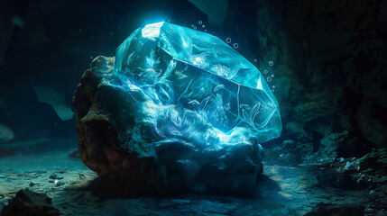 A blue magic crystal stone that glows in the dark, in the fantasy game style