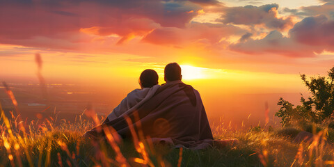 A couple watching a sunrise from a hilltop, wrapped in a blanket and savoring the start of a new day together