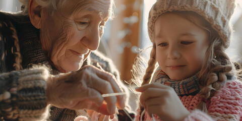 A grandparent teaching their grandchild how to knit, passing down a cherished skill and bonding over yarn and needles