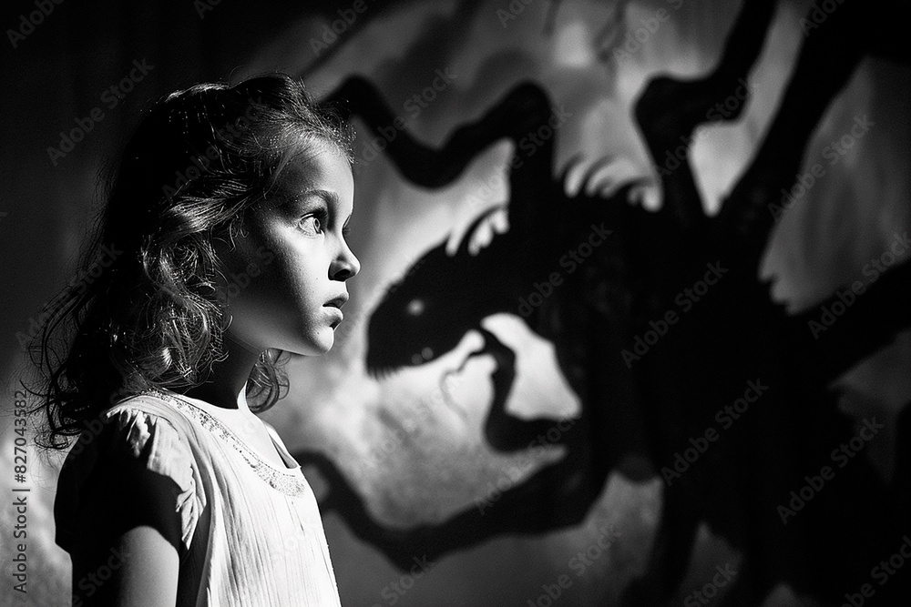 Wall mural a young girl is looking at a large, scary monster - Wall murals