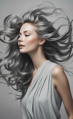 Fototapeta premium Portrait of a woman with wind in her hair in a studio for treatment, wellness, and beauty on a gray background.
