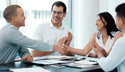 Businessman, woman and handshake for teamwork, meeting and presentation in conference room....