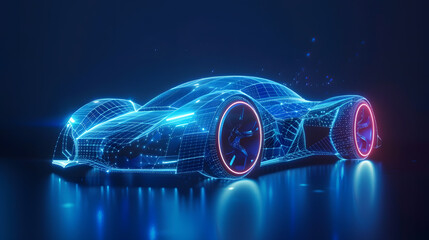 Frontside Futuristic AR car wireframe concept, generative ai, Augmented reality wireframe of car concept with blue background