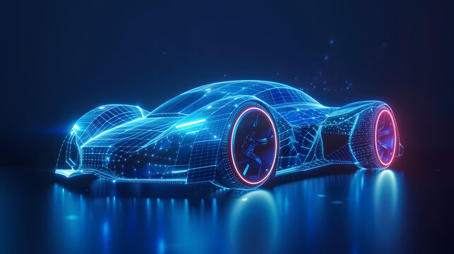 Frontside Futuristic AR car wireframe concept, generative ai, Augmented reality wireframe of car concept with blue background