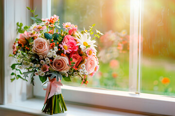 A bouquet of flowers sits on a window sill - Powered by Adobe