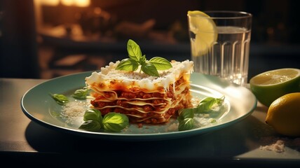 Delicious lasagna served on plate with lemon and basil on table