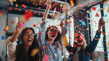 Business team celebrates project success Team members smiled, cheered, and some even threw confetti into the air.