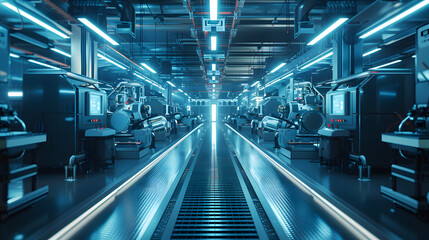 In a futuristic factory setting, cutting-edge technology and machinery represent ICT advancements and Digital Transformation