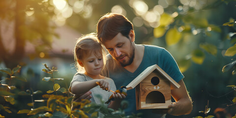 A parent and child building a birdhouse together, carefully assembling and painting it before placing it in the backyard
