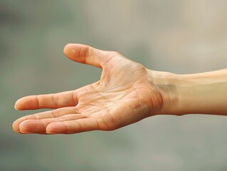Closeup of a human hand reaching out against a blurred background, representing help, support, giving, and connection.