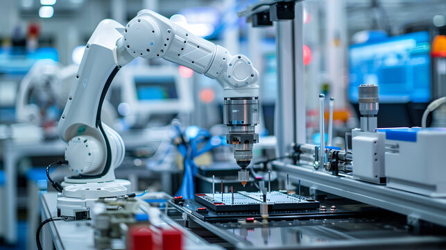 Innovative robotic arm assembly. Robotic arm for electronic assembly line. Smart modern factory automation using advanced machines