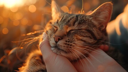 A close-up of a hand gently petting a cat, with the cat purring and nuzzling against the person's hand in a loving gesture.