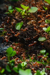 Close-Up of Busy Ant Colony Displaying Cooperative Behavior and Teamwork in Natural Habitat