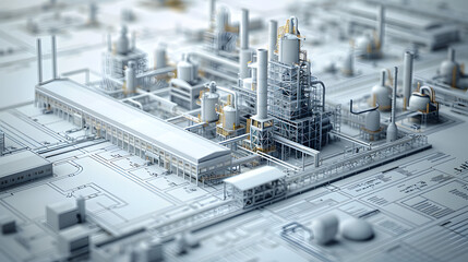 Manufacturing factory 3D model on top of architectural blueprints