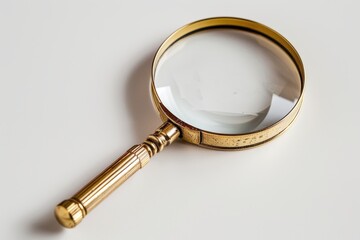 Realistic photograph of a complete Magnifying glasses,solid stark white background, focused lighting