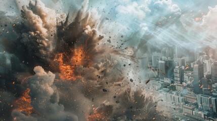 Fototapeta premium big explosion with big dirt smoke on the city war generative ai