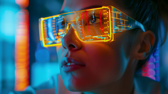 Neon metaverse futuristic concept. modern middle aged woman with charts reflecting in glasses in modern office