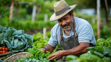 A man wearing a straw hat and apron, happily tending to his vegetable garden, with rows of neatly planted crops and a basket of freshly harvested vegetables nearby.