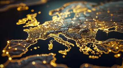 Digital map highlighting Europe with network connections and light effects