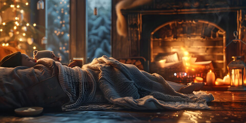 christmas tree in the snow, A couple enjoying a cozy evening by the fireplace, wrapped in a blanket and sharing a cup of hot