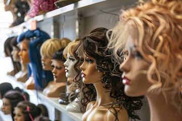 wig shop with a lot of wig on display