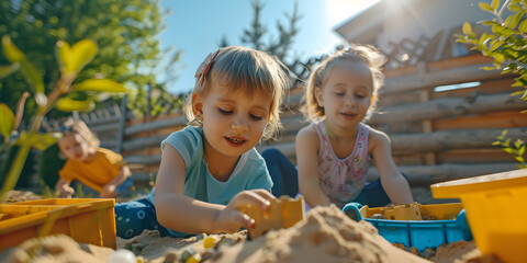 children playing on the beach, A joyful moment of children playing in a homemade sandbox, digging, and building sandcastles on a sunny afternoon