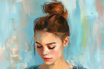 illustration of a woman with messy bun hair, pastel background