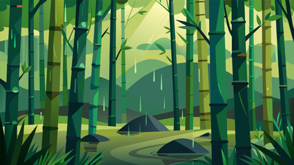 A peaceful bamboo forest with the sound of a gentle rainfall and the rustling of leaves providing a refreshing digital detox.. Vector illustration