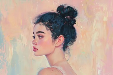 illustration of a woman with messy bun hair, pastel background