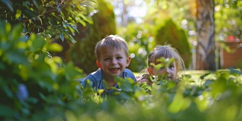 A playful moment of siblings playing hide and seek in their backyard, their giggles and excitement as they find creative hiding spots among the trees and bushes