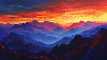 Magnificent mountain range silhouetted against a fiery sunset sky, painting the horizon with vivid hues.