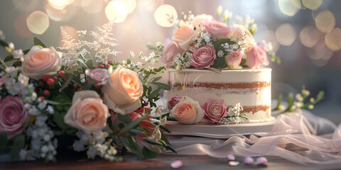 A cake with pink and orange flowers on it
