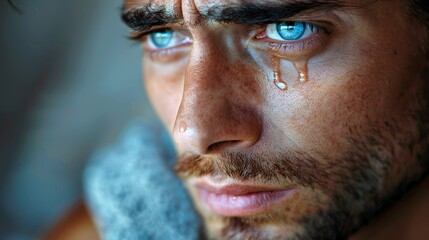 A man with wet hair and a beard is crying