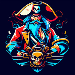 street artgraffiti, pirate captain with steering a ship, for t-shirt design isolated in dark